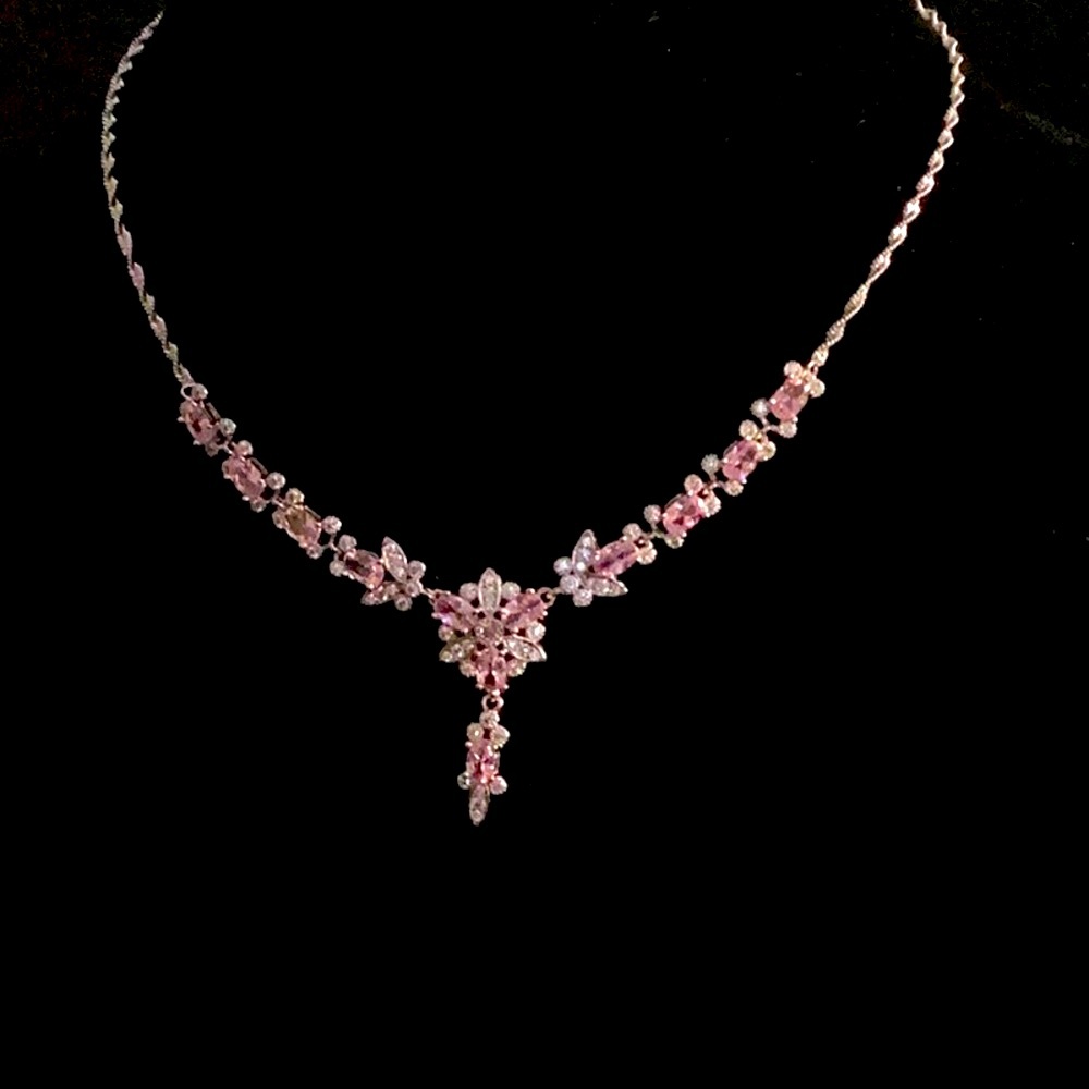 Silver pink flower butterfly pendant necklace